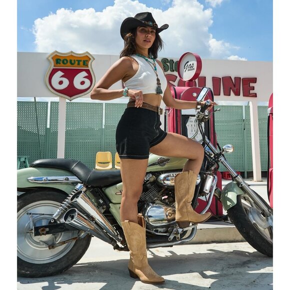 Women's Tan Mid Calf Embroidery Cowgirl Boots Retro Snip Toe Western Boot - Picture 3 of 6